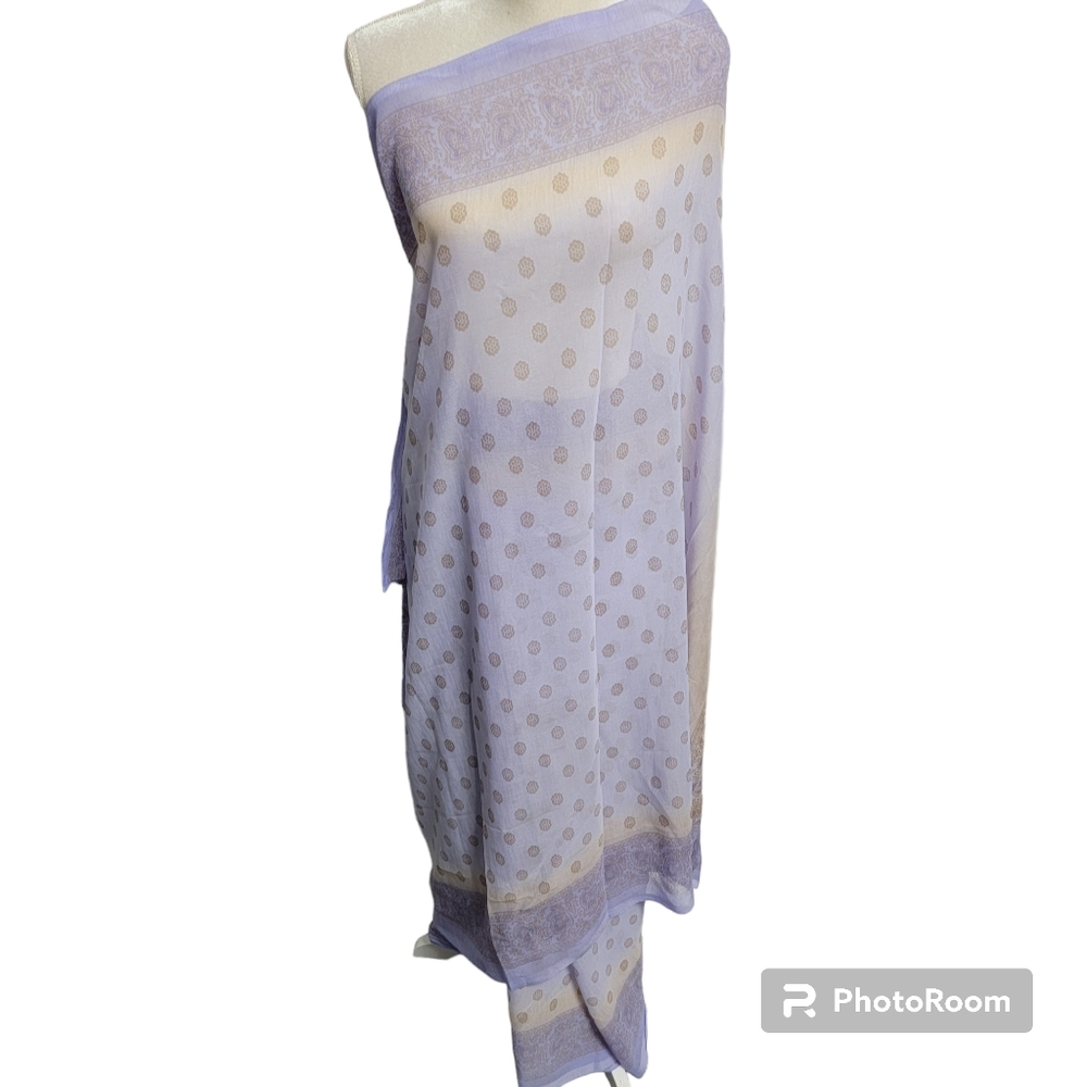 Blue and beige polyester saree/sari with brown geometric print